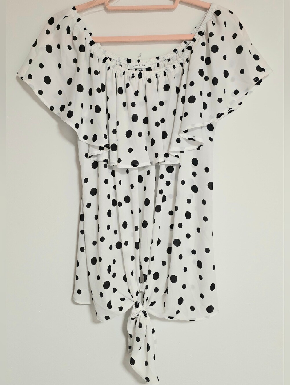 Cherish Polka Dot Off The Shoulder Top Ruffle Flutter Neckline Front Tie Medium - Picture 2 of 9